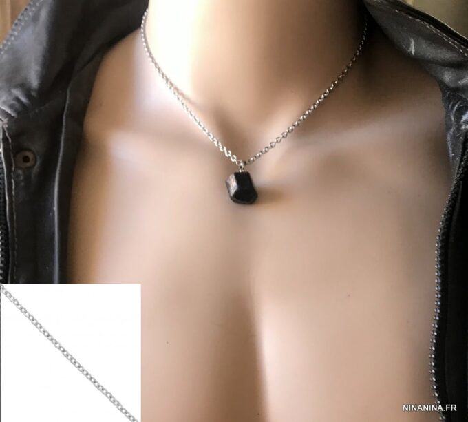 N7489d Pendentif Tourmaline noire brute chaine Acier - Bijoux Colliers en ligne Ninanina