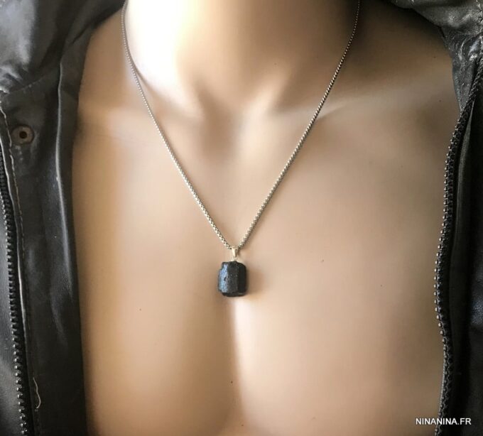 N7489e Pendentif Tourmaline noire brute chaine Acier - Bijoux Colliers en ligne Ninanina