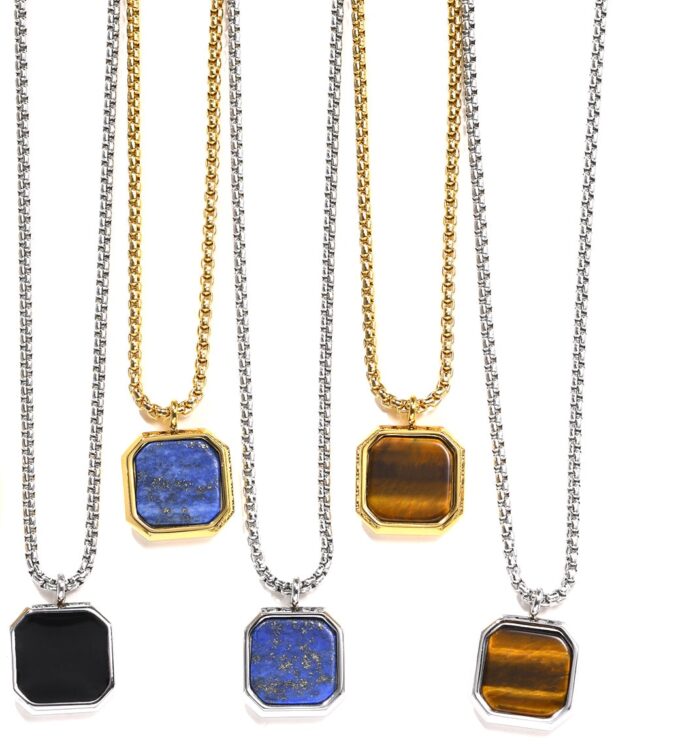 N7490d Collier geométrique acier pendentif carré onyx noir - Bijoux Colliers en ligne Ninanina