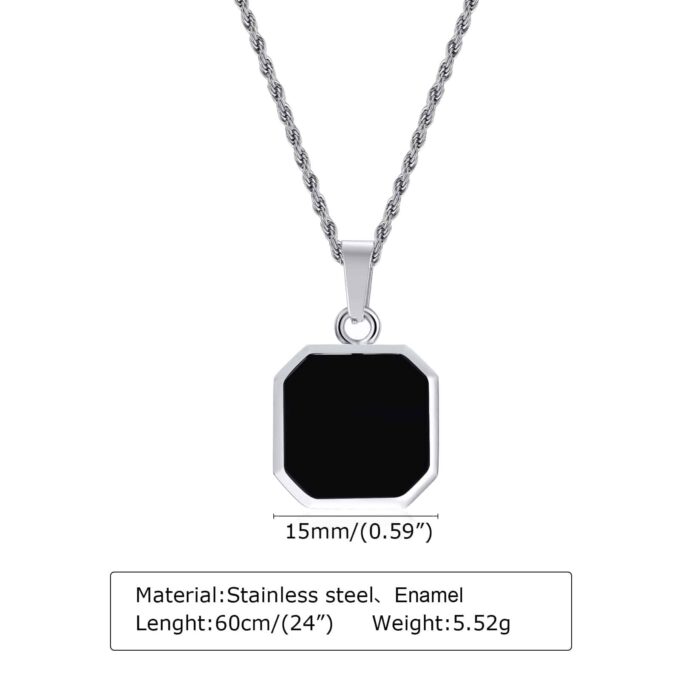 N7491a Collier pendentif carré onyx noir acier inoxydable homme - Bijoux Colliers en ligne Ninanina