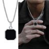 N7491e Collier pendentif carré onyx noir acier inoxydable homme - Bijoux Colliers en ligne Ninanina