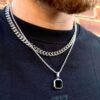N7491o Collier pendentif carré onyx noir acier inoxydable homme - Bijoux Colliers en ligne Ninanina