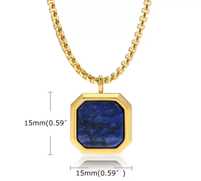 N7493a Pendentif Lapis Lazuli carré collier chaine Acier doré - Bijoux Colliers en ligne Ninanina