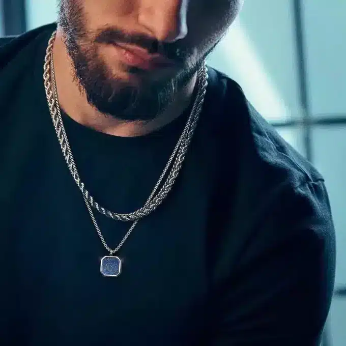 N7494 Collier pendentif Lapis Lazuli bleu carré Acier Inoxydable - Bijoux Colliers en ligne Ninanina