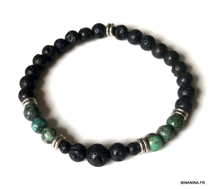 N7495b Bracelet pierre de lave véritable et Turquoise Africaine - Bijoux Bracelets en ligne Ninanina