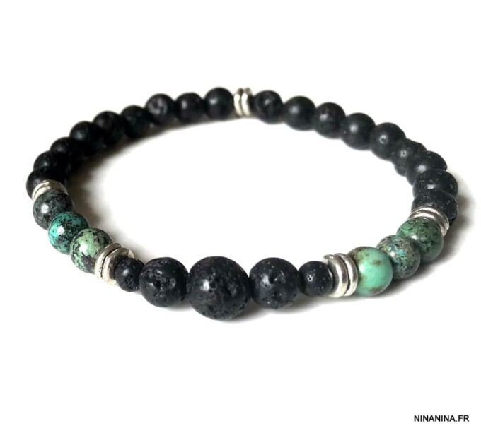 N7495d Bracelet pierre de lave véritable et Turquoise Africaine - Bijoux Bracelets en ligne Ninanina