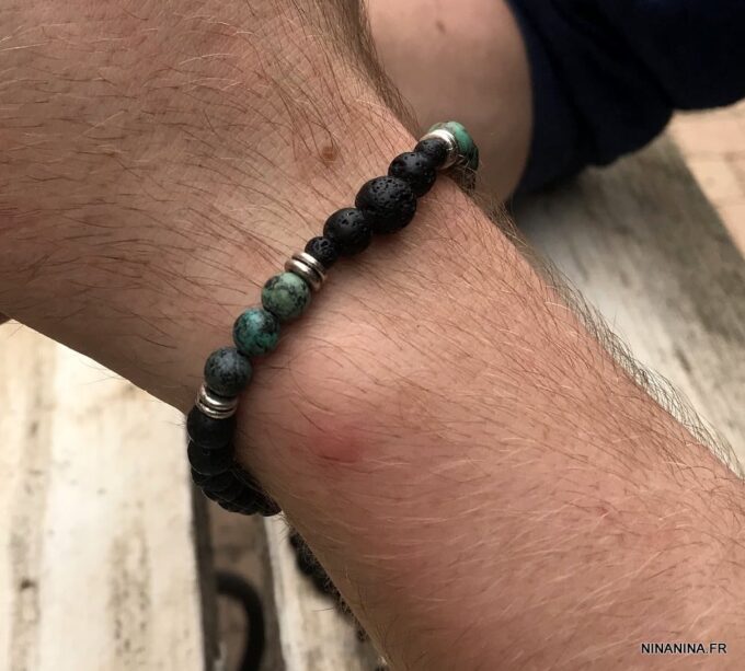 N7495f Bracelet pierre de lave véritable et Turquoise Africaine - Bijoux Bracelets en ligne Ninanina