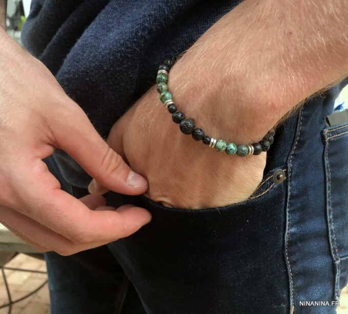 N7495g Bracelet pierre de lave véritable et Turquoise Africaine - Bijoux Bracelets en ligne Ninanina