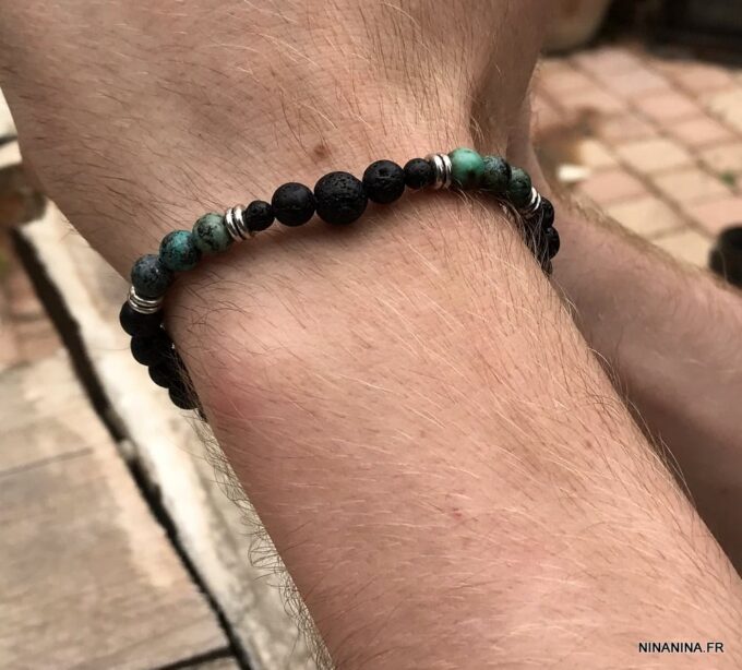 N7495h Bracelet pierre de lave véritable et Turquoise Africaine - Bijoux Bracelets en ligne Ninanina
