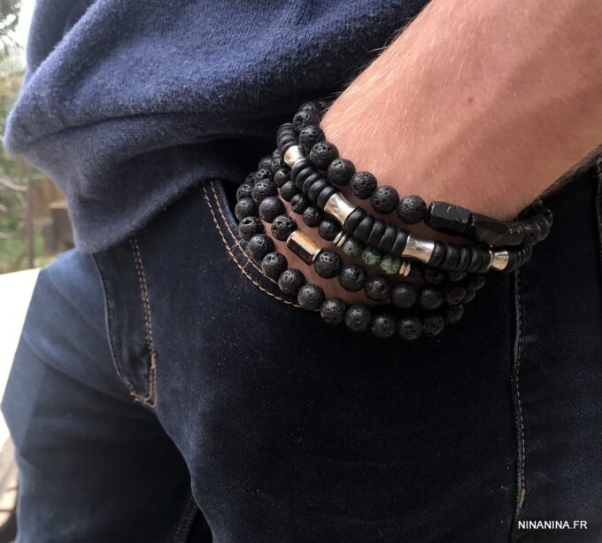 N7495i Bracelet pierre de lave véritable et Turquoise Africaine - Bijoux Bracelets en ligne Ninanina