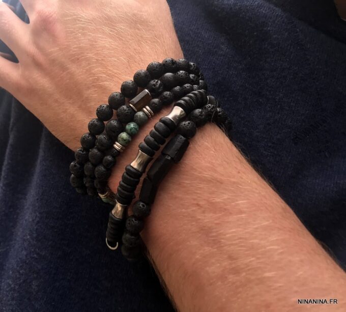 N7495k Bracelet pierre de lave véritable et Turquoise Africaine - Bijoux Bracelets en ligne Ninanina