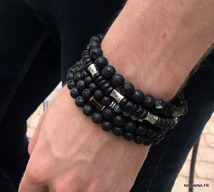 N7495l Bracelet pierre de lave véritable et Turquoise Africaine - Bijoux Bracelets en ligne Ninanina