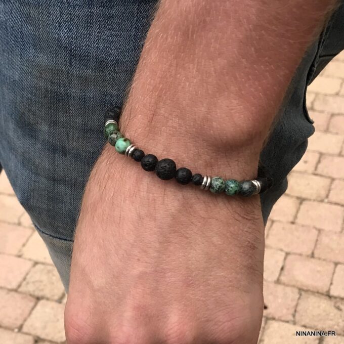 N7495m Bracelet pierre de lave véritable et Turquoise Africaine - Bijoux Bracelets en ligne Ninanina