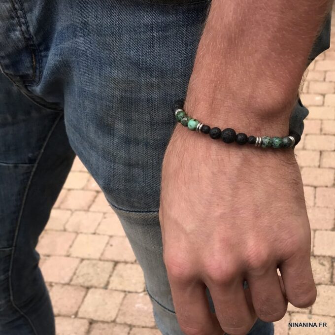 N7495p Bracelet pierre de lave véritable et Turquoise Africaine - Bijoux Bracelets en ligne Ninanina