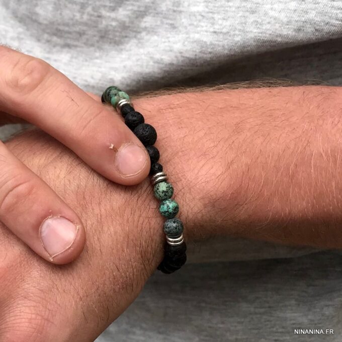 N7495r Bracelet pierre de lave véritable et Turquoise Africaine - Bijoux Bracelets en ligne Ninanina