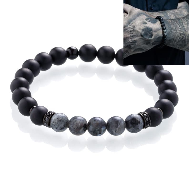 Bracelet Homme perles Ø8mm en pierre naturelle Larvikite Labradorite Gris  Mat Agate/Onyx Anneaux Acier inoxydable fait Main création 1000ola