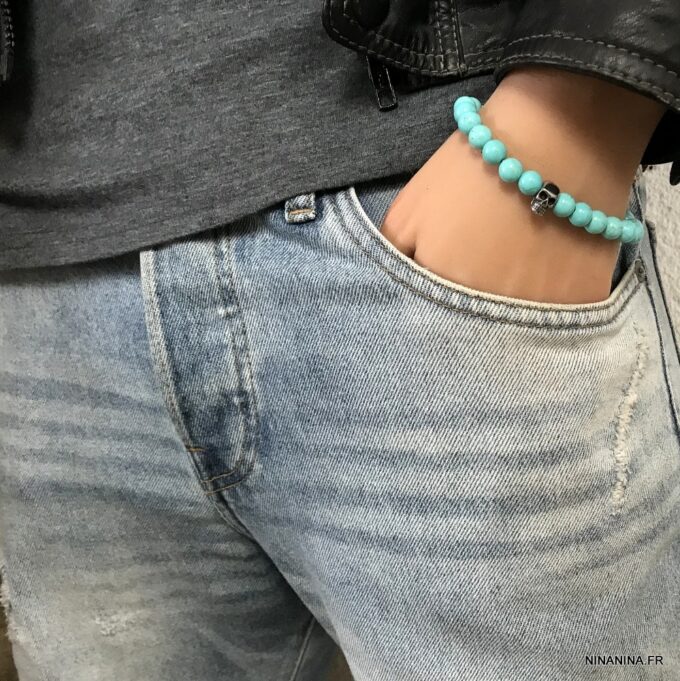 N7504E Bracelet tête de mort homme luxe turquoise naturelle - Bijoux Bracelets en ligne Ninanina - Copie
