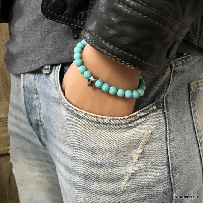 N7504F Bracelet tête de mort homme luxe turquoise naturelle - Bijoux Bracelets en ligne Ninanina - Copie