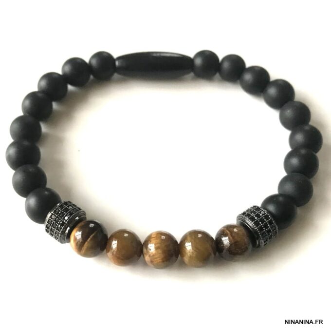 N7506c Bracelet pierres naturelles homme oeil de tigre onyx noir - Bijoux Bracelets en ligne Ninanina