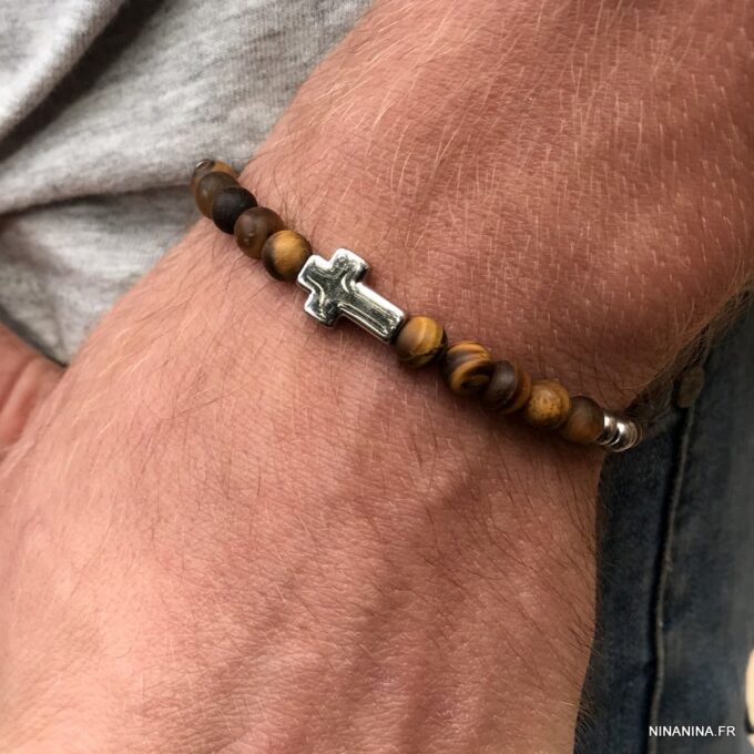 N7496 Bracelet croix chrétienne Acier inoxydable Oeil de Tigre - Bijoux Bracelets en ligne Ninanina