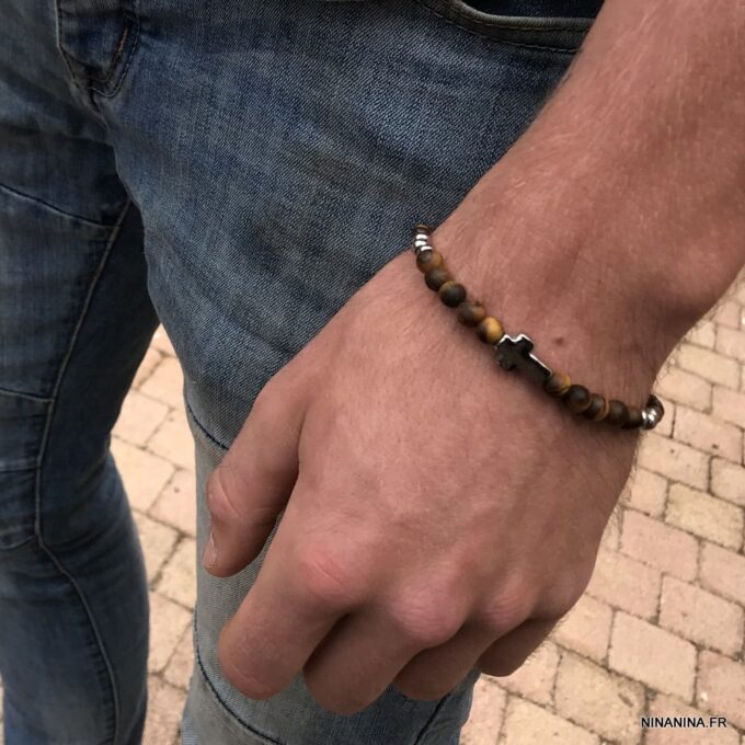 N7496b Bracelet croix chrétienne Acier inoxydable Oeil de Tigre - Bijoux Bracelets en ligne Ninanina