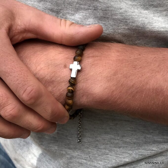 N7496e Bracelet croix chrétienne Acier inoxydable Oeil de Tigre - Bijoux Bracelets en ligne Ninanina