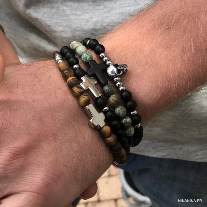 N7496f Bracelet croix chrétienne Acier inoxydable Oeil de Tigre - Bijoux Bracelets en ligne Ninanina