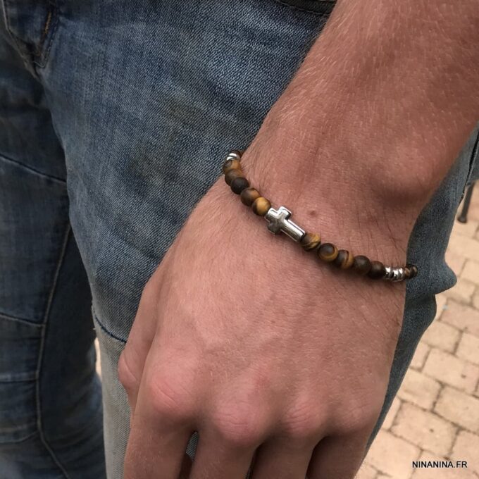 N7496g Bracelet croix chrétienne Acier inoxydable Oeil de Tigre - Bijoux Bracelets en ligne Ninanina