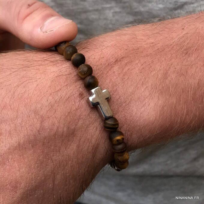 N7496h Bracelet croix chrétienne Acier inoxydable Oeil de Tigre - Bijoux Bracelets en ligne Ninanina