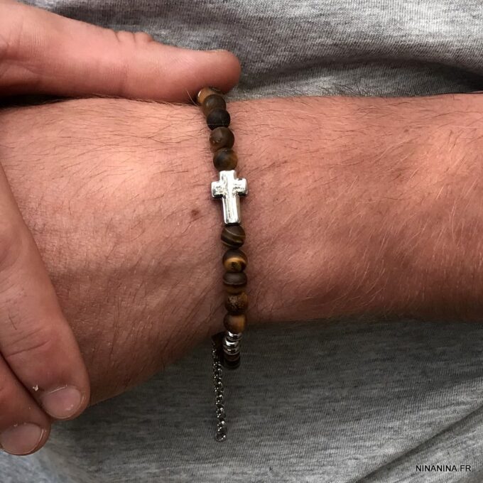 N7496i Bracelet croix chrétienne Acier inoxydable Oeil de Tigre - Bijoux Bracelets en ligne Ninanina
