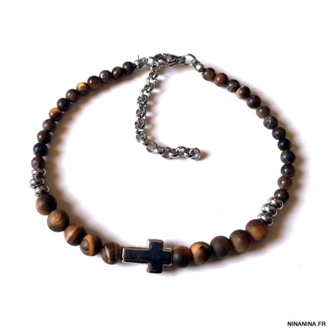 N7496m Bracelet croix chrétienne Acier inoxydable Oeil de Tigre - Bijoux Bracelets en ligne Ninanina