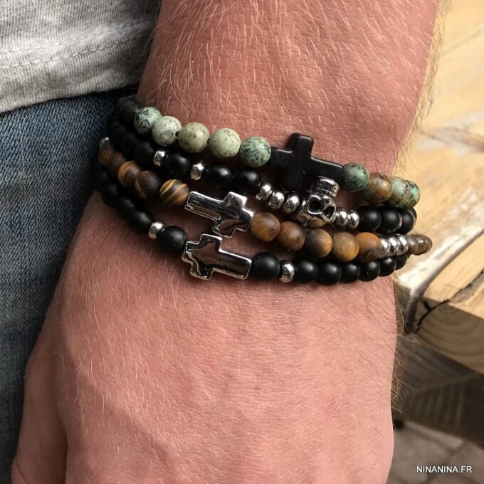 N7497b Bracelet croix chrétienne Acier turquoise africaine vert - Bijoux Bracelets en ligne Ninanina