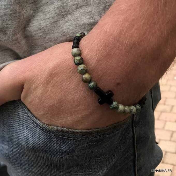 N7497c Bracelet croix chrétienne Acier turquoise africaine vert - Bijoux Bracelets en ligne Ninanina