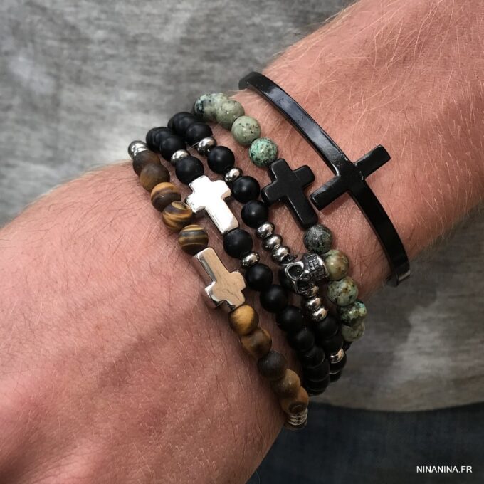 N7497d Bracelet croix chrétienne Acier turquoise africaine vert - Bijoux Bracelets en ligne Ninanina