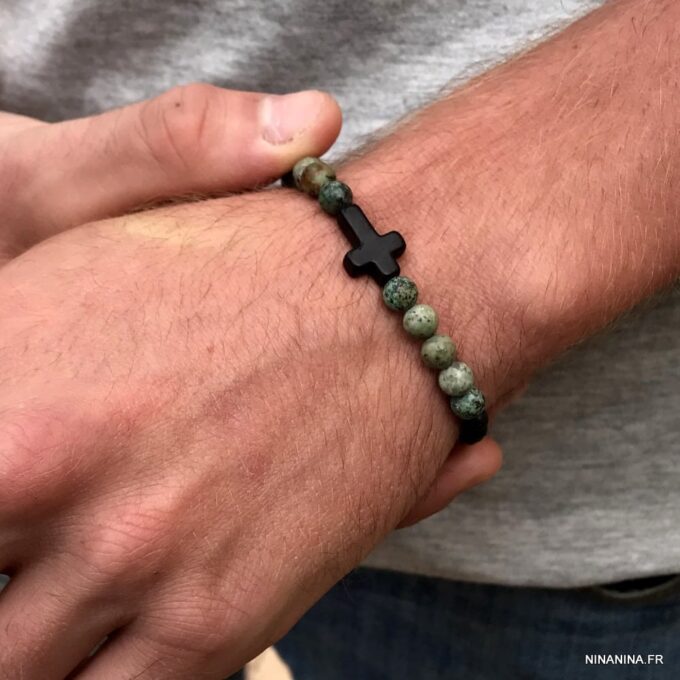 N7497e Bracelet croix chrétienne Acier turquoise africaine vert - Bijoux Bracelets en ligne Ninanina
