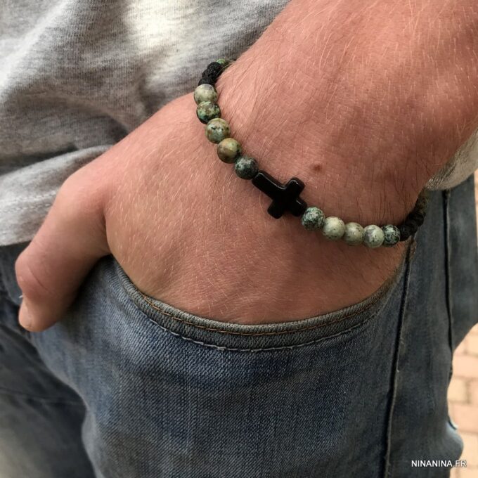 N7497f Bracelet croix chrétienne Acier turquoise africaine vert - Bijoux Bracelets en ligne Ninanina