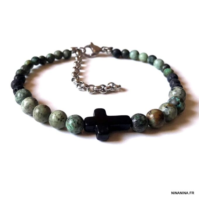 N7497g Bracelet croix chrétienne Acier turquoise africaine vert - Bijoux Bracelets en ligne Ninanina