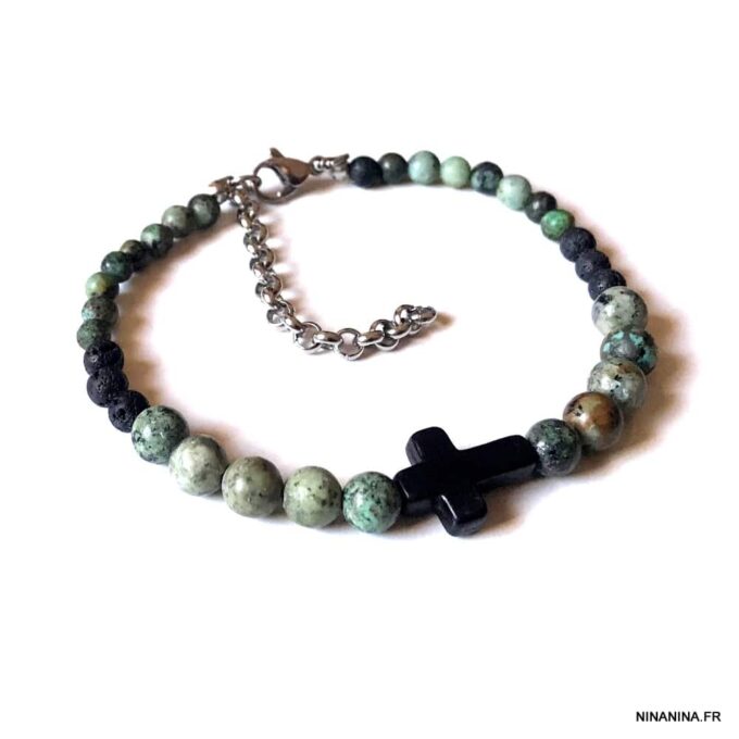 N7497i Bracelet croix chrétienne Acier turquoise africaine vert - Bijoux Bracelets en ligne Ninanina