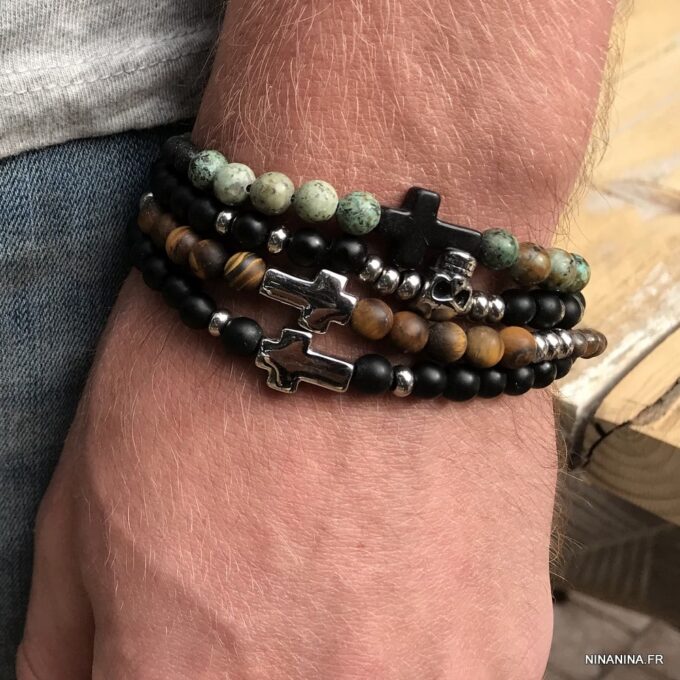 N7498b Bracelet avec une croix Acier inoxydable perle onyx noir - Bijoux Bracelets en ligne Ninanina