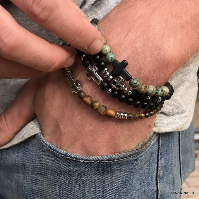 N7498d Bracelet avec une croix Acier inoxydable perle onyx noir - Bijoux Bracelets en ligne Ninanina