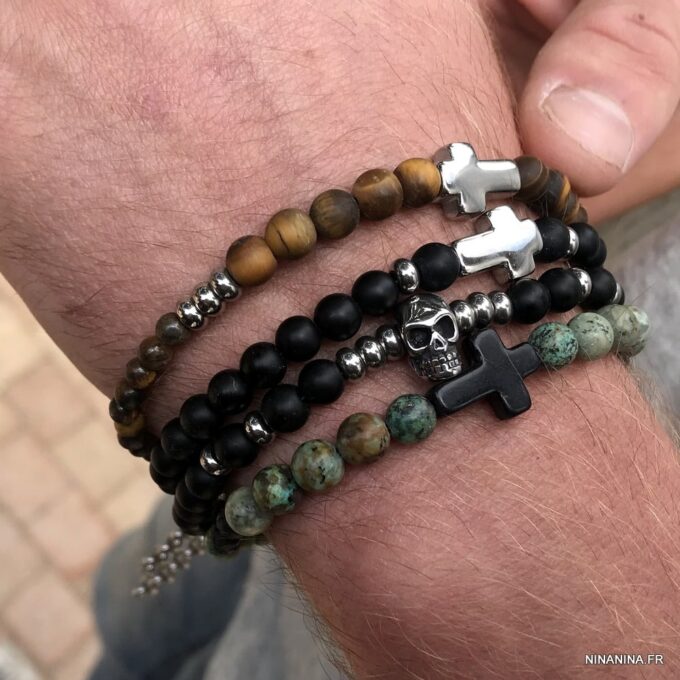 N7498e Bracelet avec une croix Acier inoxydable perle onyx noir - Bijoux Bracelets en ligne Ninanina