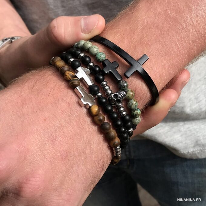 N7498f Bracelet avec une croix Acier inoxydable perle onyx noir - Bijoux Bracelets en ligne Ninanina