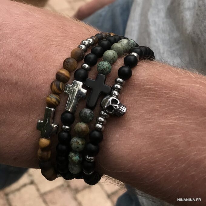N7498g Bracelet avec une croix Acier inoxydable perle onyx noir - Bijoux Bracelets en ligne Ninanina
