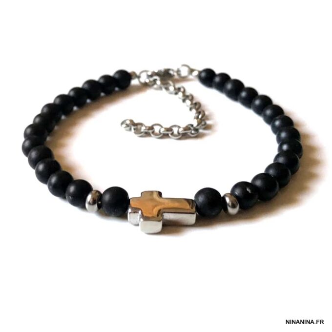 N7498h Bracelet avec une croix Acier inoxydable perle onyx noir - Bijoux Bracelets en ligne Ninanina