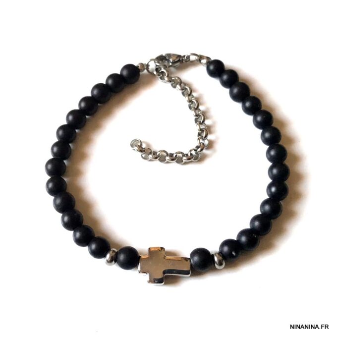 N7498i Bracelet avec une croix Acier inoxydable perle onyx noir - Bijoux Bracelets en ligne Ninanina