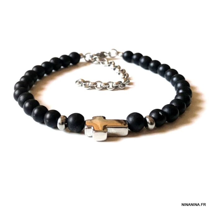 N7498j Bracelet avec une croix Acier inoxydable perle onyx noir - Bijoux Bracelets en ligne Ninanina