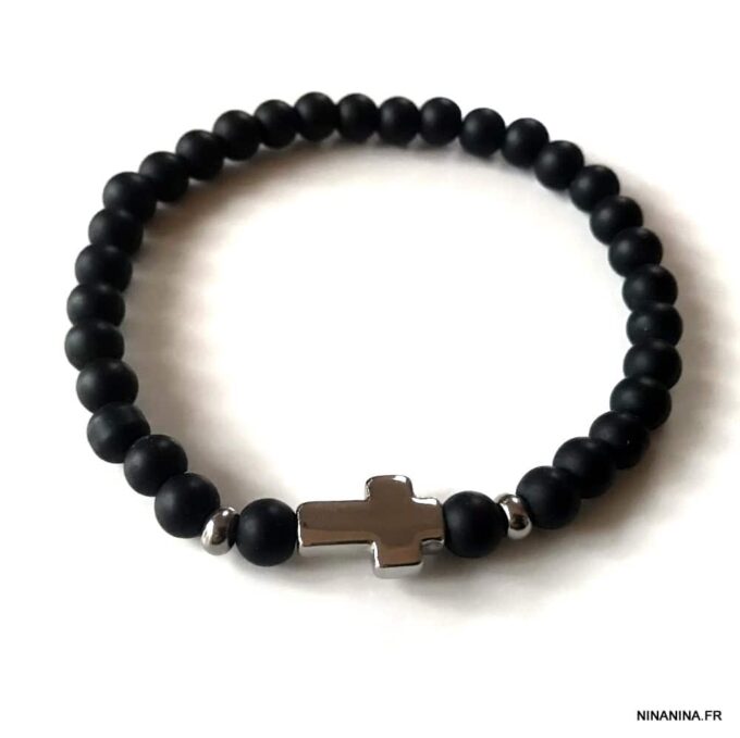 N7498K Bracelet avec une croix Acier inoxydable perle onyx noir - Bijoux Bracelets en ligne Ninanina