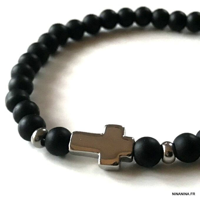 N7498L Bracelet avec une croix Acier inoxydable perle onyx noir - Bijoux Bracelets en ligne Ninanina