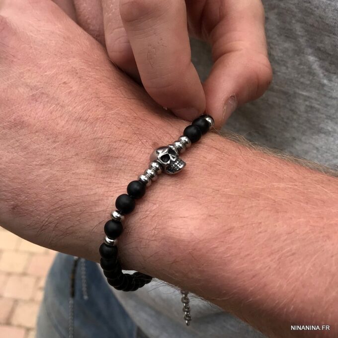 N7499 Bracelet perle tete de mort homme Acier Onyx noir - Bijoux Bracelets en ligne Ninanina