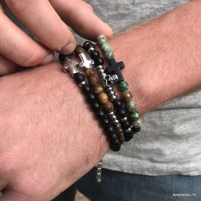 N7499a Bracelet perle tete de mort homme Acier Onyx noir - Bijoux Bracelets en ligne Ninanina